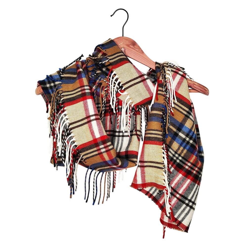 Lauren Ralph Lauren Scarf Tartan Plaid Check Cozy Fringe Tan Red Blue Preppy